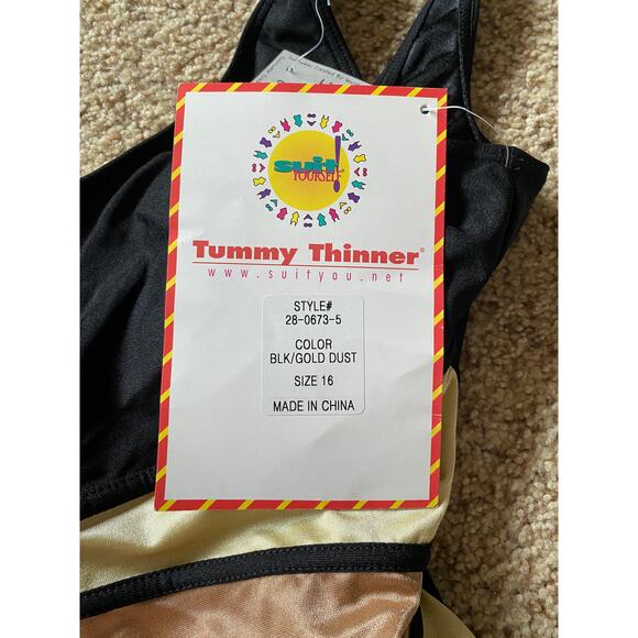 Suit Yourself! One Piece Swimsuit Tummy Thinner Black Gold 28-0673-5 Swim 16 - Picture 4 of 12